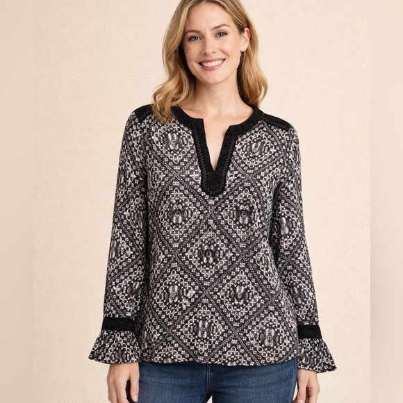 Lucky Brand Tops - Lucky Brand Black & White Printed Split-Neck Tunic